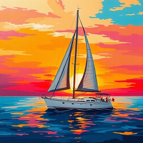 Acrylic illustration of sailboat at sunrise