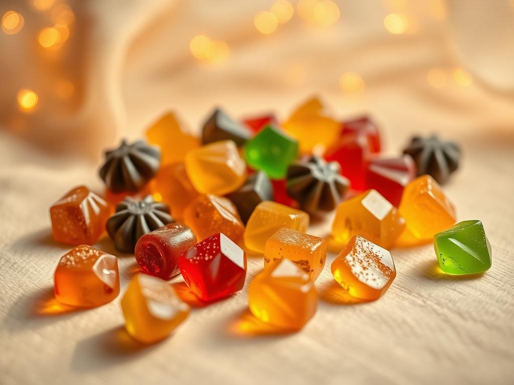 A high resolution of colorful CBD gummies arranged artfully on