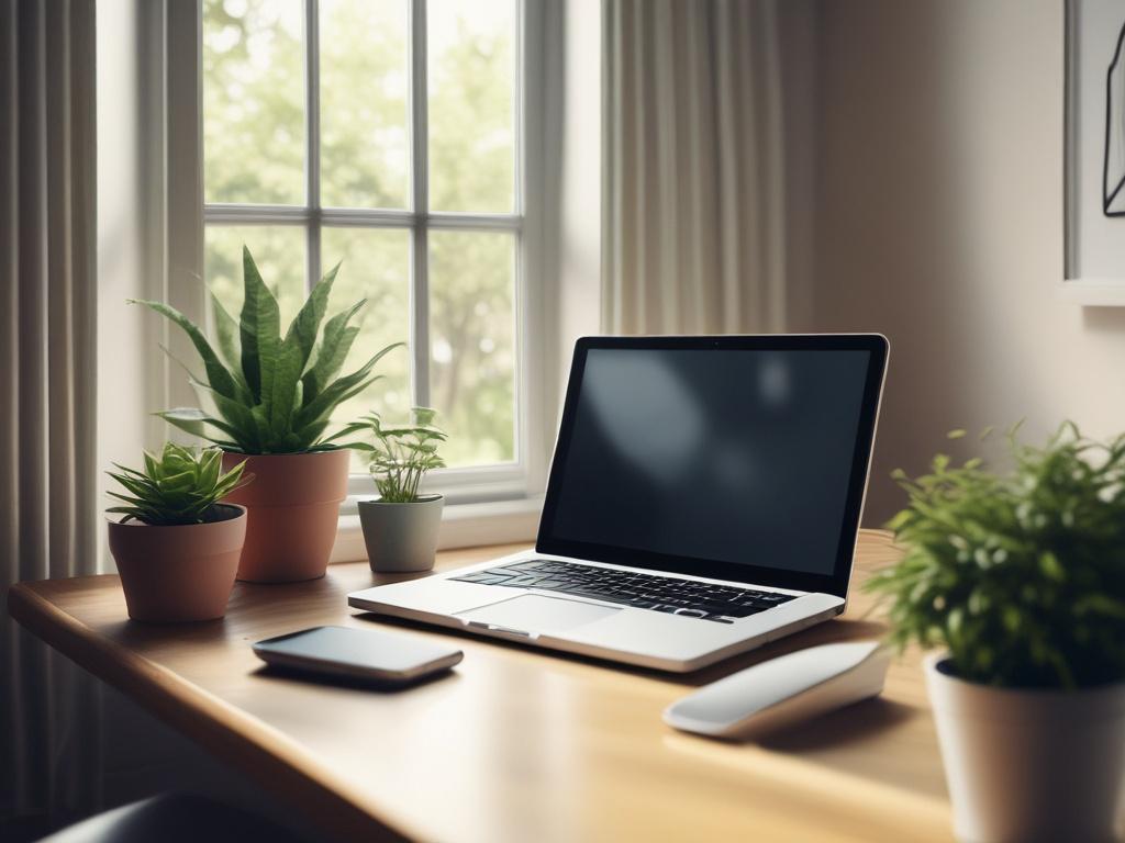 a peaceful workspace featuring a laptop on a desk, soft