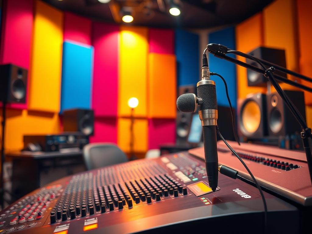 A close up shot of a vibrant music studio, showcasing