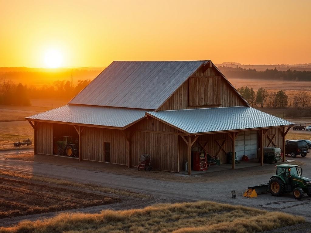A large, sturdy pole barn situated in an agricultural landscape, surrounded by fields and farm equipment. The barn features wooden beams and a metal roof, with the sun setting in the background, casting warm light across the scene.