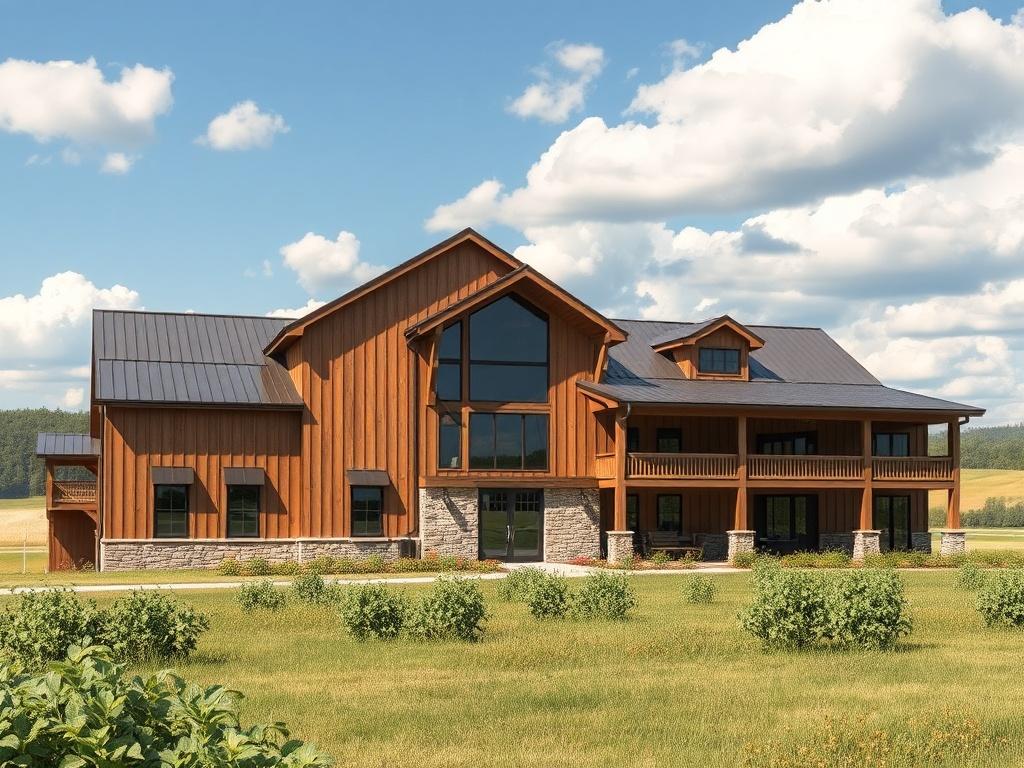 A beautiful barndominium in a rural setting, showcasing a blend of rustic barn design and modern architecture. The building features large windows, a spacious porch, and green landscaping in the foreground. The sky is bright with fluffy clouds, emphasizing the peaceful countryside atmosphere.