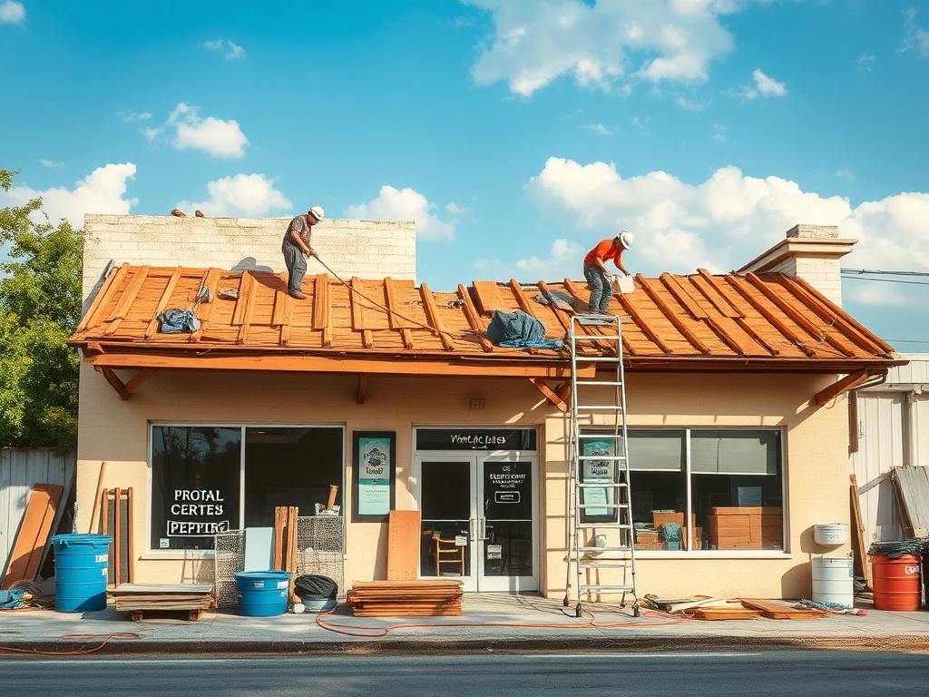 A local business building undergoing repair work following storm damage. Workers are visible on the roof and scaffolding, with construction materials and equipment around. The scene reflects a proactive recovery effort with a clear blue sky above.