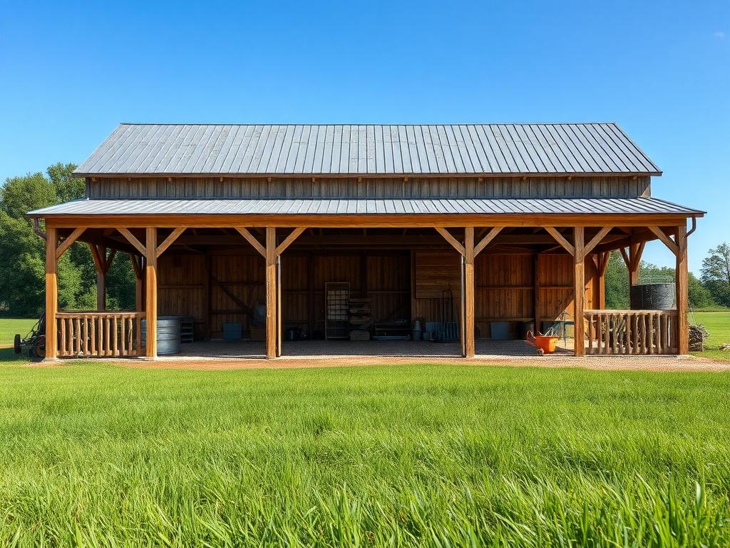 A rustic, high-quality pole barn set against a green landscape, showcasing wooden beams and metal roofing. The barn is spacious with large doors open, revealing a well-organized interior. The foreground features lush grass and a few farm tools, while the background highlights a clear blue sky. The scene captures the essence of functional and aesthetic rural architecture.