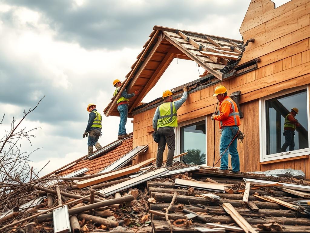 A team of construction workers repairing a damaged roof after a storm. The scene shows workers installing new roofing materials with safety gear on. Surrounding them are remnants of storm debris. The sky is cloudy, hinting at recent weather, but the workers are focused and determined, showcasing their commitment to restoring the property.