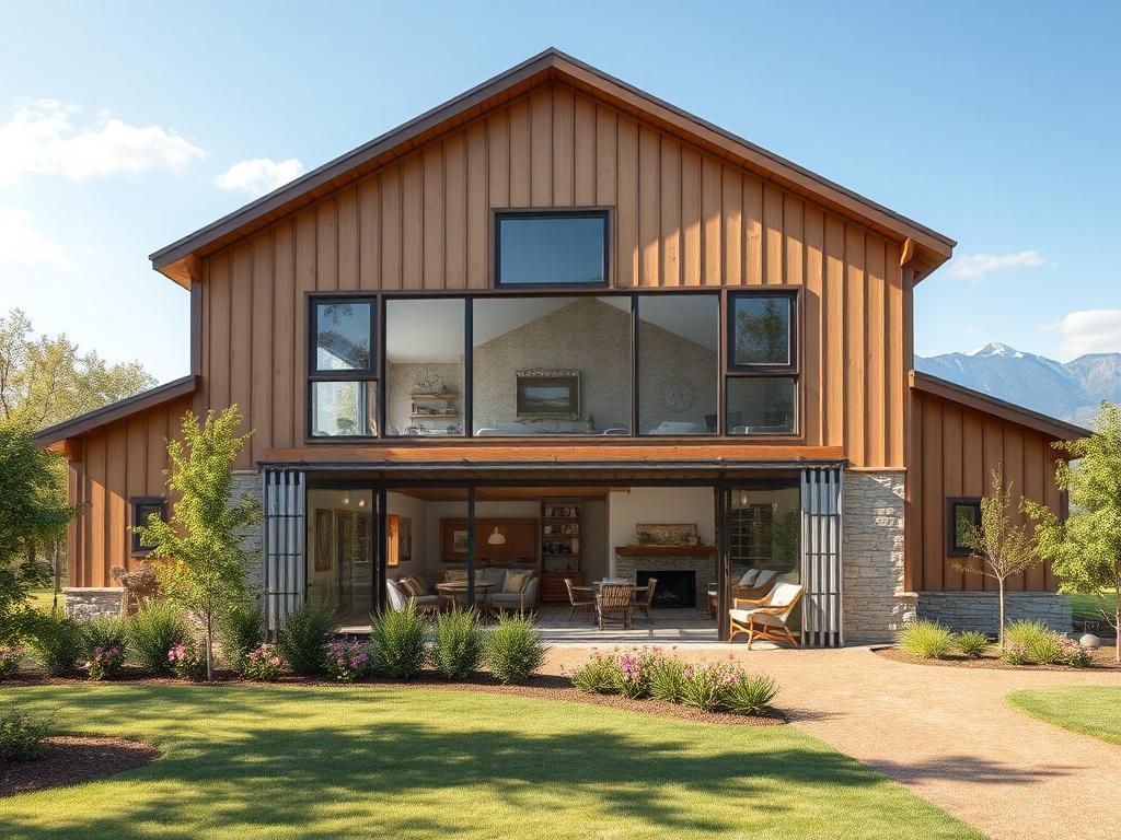 A beautifully designed barndominium with a modern facade featuring large windows and a metal roof. The interior is visible through the windows, displaying an open floor plan with stylish furnishings. Surrounding the barndominium is a well-maintained landscape with trees and flowers, under a sunny sky. The scene conveys a perfect mix of rustic and contemporary living.