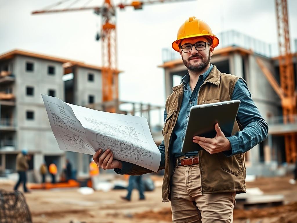 Firelands Constructions project manager standing confidently at a construction site in Cleveland ohio holding a blueprint in one hand and a tablet in the other. The background showcases a partially constructed building with workers and equipment in action, conveying a sense of progress and teamwork. The scene is well-lit, emphasizing the professionalism and dedication of the project management team, with earthy textures and natural tones to create a grounded atmosphere.