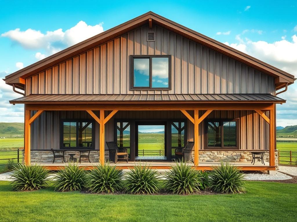 **AI Image Generation Prompt:**

Create a realistic high-resolution photo of a stunning barndominium. The image should feature a single, well-designed barndominium that showcases its unique blend of rustic charm and modern functionality. The structure should have a large open front, revealing contemporary windows that allow natural light to flood the interior space. Highlight the exterior texture of the barn-style metal siding in earthy tones, complemented by a wooden porch that invites comfort and relaxati