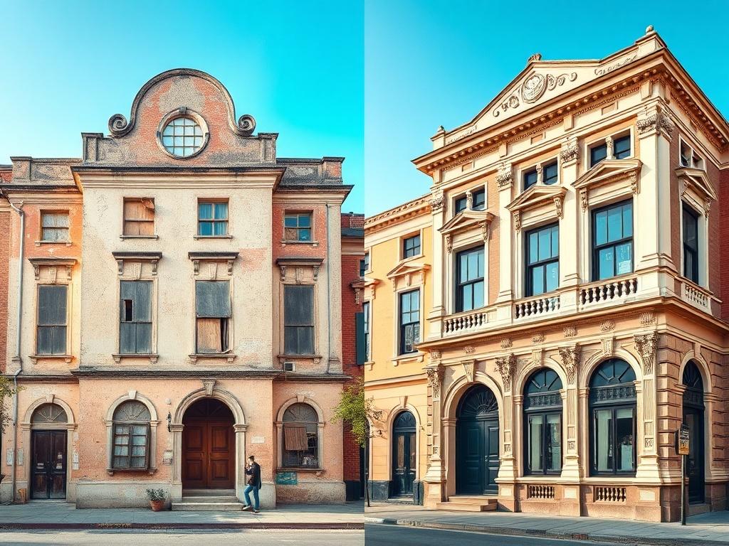 A stunning before-and-after image of a historic building restoration. The left side shows the building in disrepair with faded paint and boarded-up windows, while the right side reveals a beautifully restored facade, complete with vibrant colors, intricate moldings, and restored windows. The background features a clear blue sky, emphasizing the transformation and dedication to preserving history.