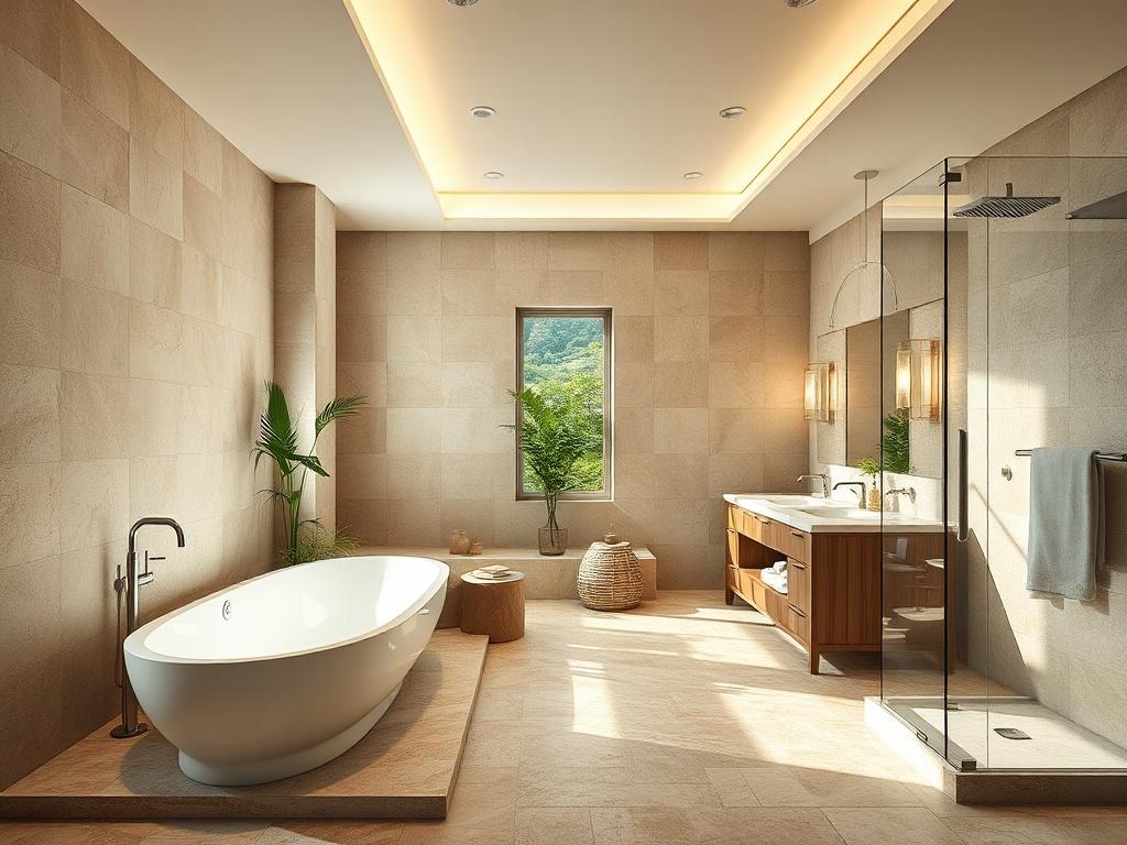 An exquisite bathroom showcasing a luxurious soaking tub, elegant fixtures, and a spacious walk-in shower. The design incorporates modern elements with natural stone tiles, stylish lighting, and a double vanity. Soft, warm colors create a serene atmosphere, while greenery adds a touch of nature. The layout is functional yet visually appealing, making it a perfect retreat for relaxation and rejuvenation.