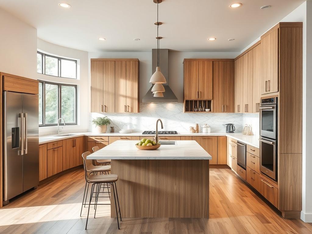 A beautifully renovated kitchen showcasing modern elegance with sleek cabinets, marble countertops, and stainless steel appliances. The kitchen features an island with bar stools, under-cabinet lighting, and a stylish backsplash. Natural light floods the space through large windows, highlighting the earthy tones and textures of the design. The scene is clean, organized, and inviting, perfect for cooking and social gatherings.