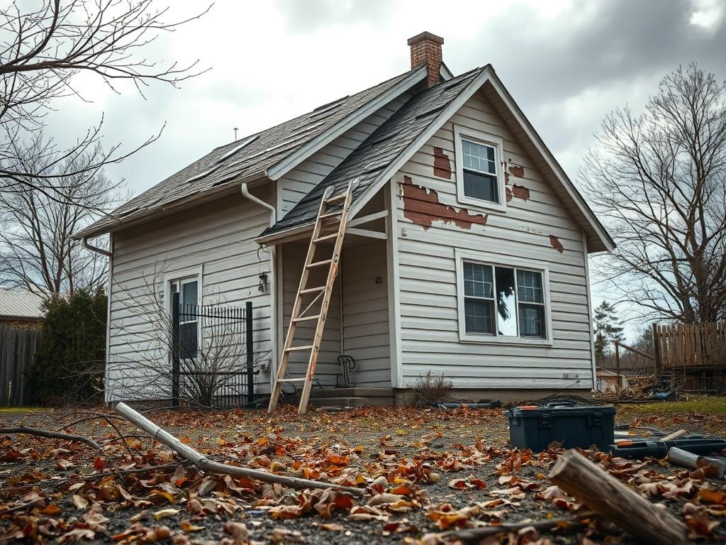 Create a realistic high-resolution photo that showcases the aftermath of storm damage to a residential property. The composition should focus on a single, prominently displayed scene: a damaged home with a leaky roof and scattered debris in the foreground. The home should exhibit visible signs of wear, such as broken shingles and water stains, emphasizing the urgency of repairs. 

In the background, include overcast skies with hints of sunlight peeking through, adding a sense of hope and renewal. Surround t