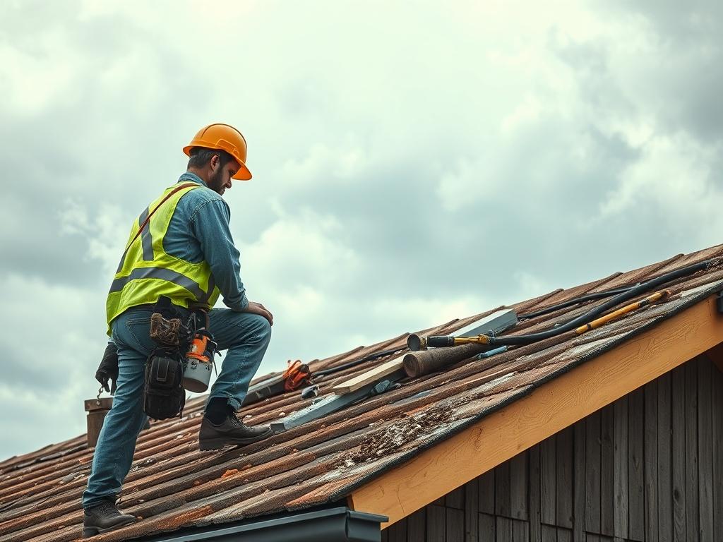 A construction worker assessing storm damage on a building's roof. Tools and materials are visible, indicating active repairs. The backdrop shows a cloudy sky, hinting at recent severe weather. The scene conveys urgency and professionalism in emergency repair work.