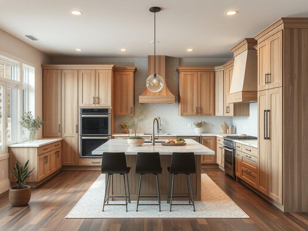 A beautifully remodeled kitchen with custom cabinetry, an island with seating, and modern appliances. The color palette features warm earthy tones and natural materials. Soft, ambient lighting highlights the space, with decorative elements like plants and stylish utensils adding personality.