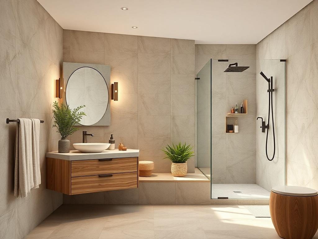 A stunning, modern bathroom featuring a sleek vanity, elegant fixtures, and a spacious shower. The design is minimalist with natural tones and textures. Soft lighting enhances the atmosphere, and a touch of greenery adds freshness. The background showcases a stylish tile pattern that complements the overall aesthetic.