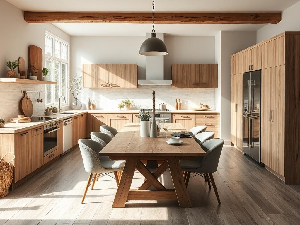 A beautifully renovated kitchen featuring modern cabinetry, energy-efficient appliances, and sustainable materials. The kitchen has a light and airy feel with natural light streaming through large windows, highlighting the earthy tones and textures of the materials used. A rustic wooden dining table sits in the center, surrounded by contemporary seating, creating a welcoming atmosphere.