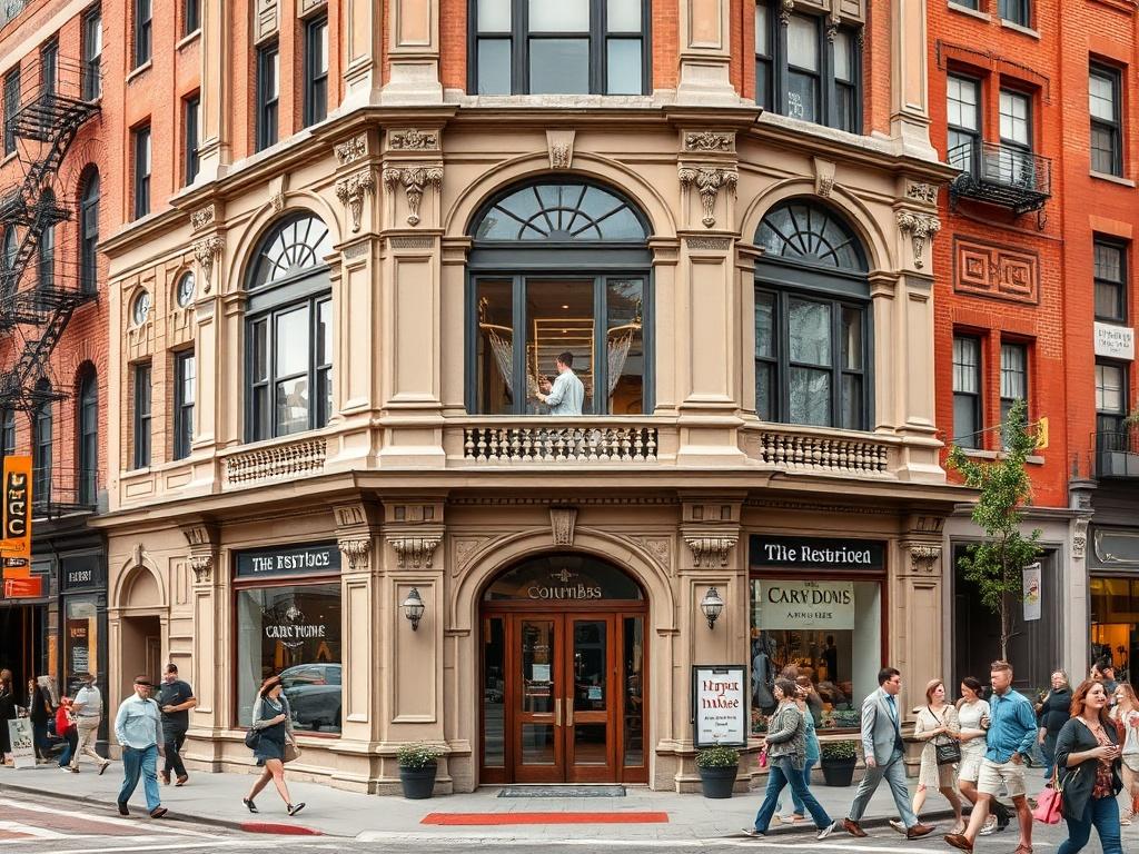 An elegantly restored historic building in downtown Columbus, showcasing its original architectural features such as intricate moldings and large windows. The exterior is freshly painted with earthy colors, and the entrance is adorned with welcoming signage. Surrounding the building are bustling streets filled with pedestrians, reflecting a vibrant commercial atmosphere.