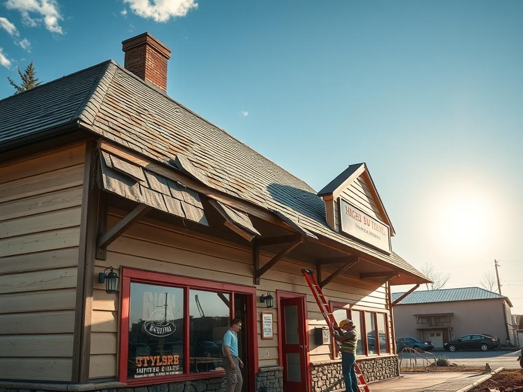 An image showcasing the aftermath of storm damage repair on a local business building. The roof has been freshly repaired with new shingles, and the siding is intact with a vibrant paint finish. In the foreground, workers are completing final touches, and the sun shines brightly, symbolizing renewal and resilience.