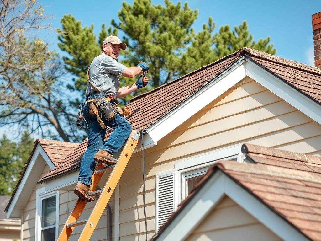 Firelands Construction skilled roofer making repairs on a sloped roof after severe Storm Damage in central and northern ohio. The image features firelands construction roofer using tools to fix shingles after storm damage while standing on a secure ladder. The house is depicted in Huron county ohio setting with trees in the background and a blue sky.