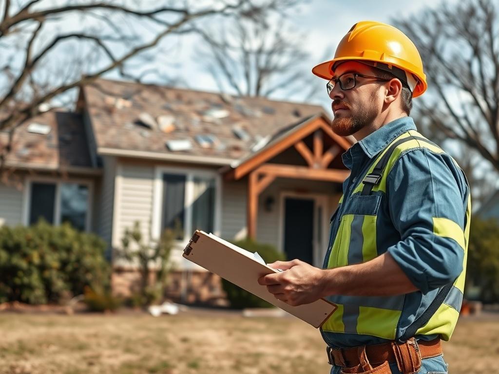 Firelands Construction professional construction worker assessing storm damage on a residential property in Columbus ohio. The background shows a house with visible storm damage like missing shingles and broken siding. The worker is holding a clipboard, wearing a hard hat, and looking focused. The scene is set in a suburban neighborhood with trees and a clear sky.