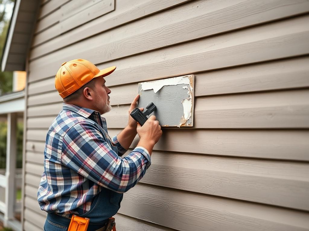 Firelands Construction repairing vinyl siding on a residential property. The image shows the contractor carefully replacing a damaged panel, after storm damage in central ohio. The house's exterior is visible, showcasing storm damage in northern ohio