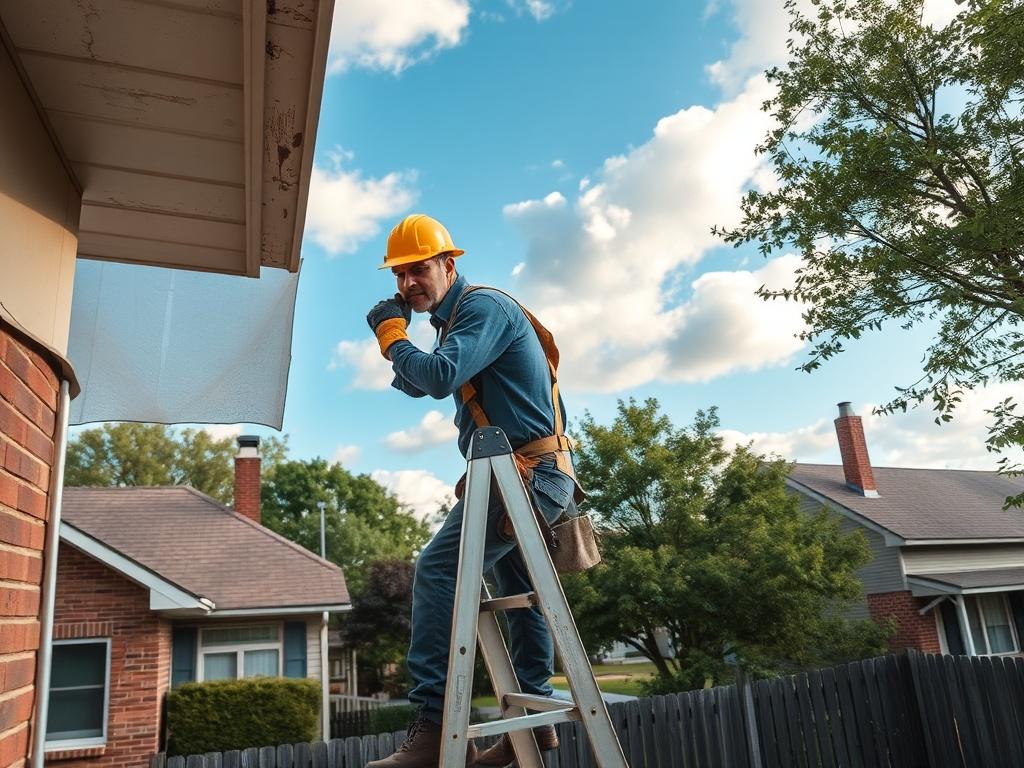 Create a realistic high-resolution image depicting a skilled contractor performing emergency roof repair on a residential home in Ohio. The composition should focus on a single subject: the contractor, who is a middle-aged Caucasian male wearing a safety helmet and work gloves, intently inspecting a damaged area of a roof. The contractor should be positioned on a sturdy ladder leaning against the side of the house, showcasing his focused expression as he assesses the situation.

In the background, depict a 
