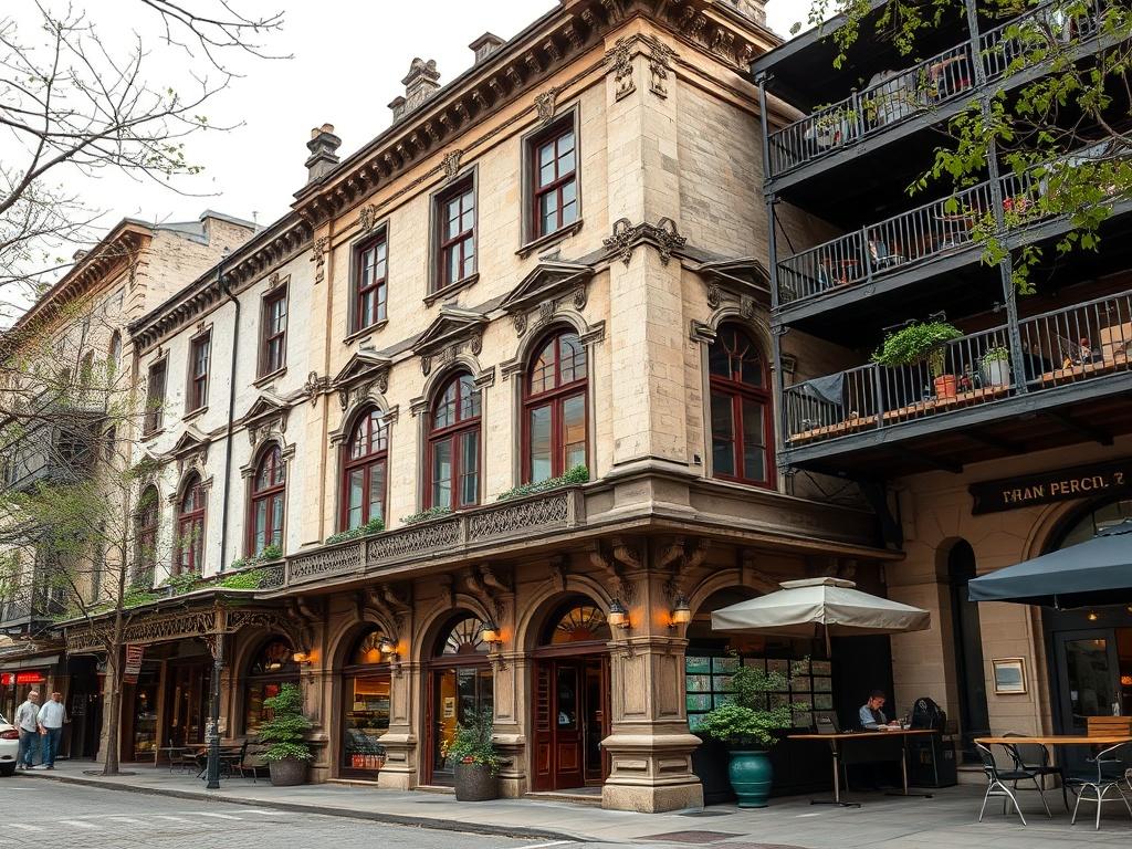 A historic building with restored architecture, showcasing intricate details and