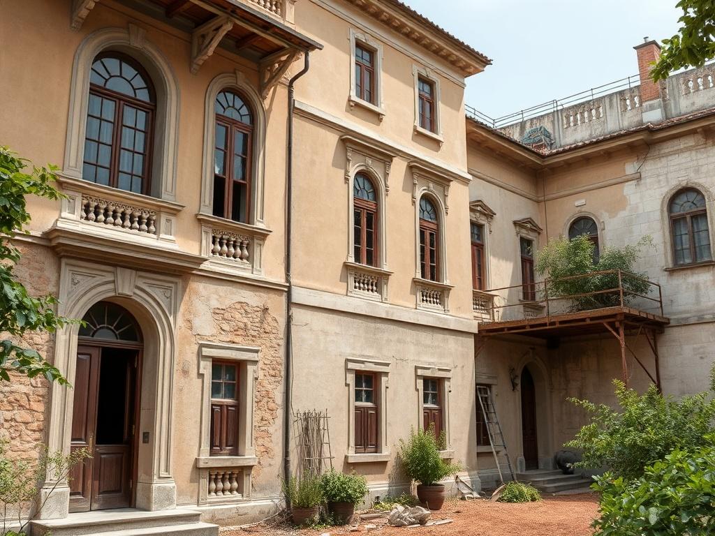 A historic building undergoing careful restoration, showcasing original architectural details