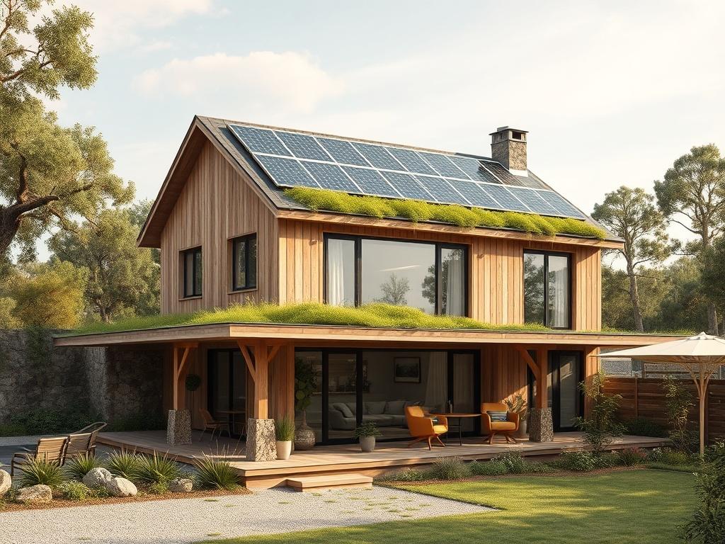 A modern home built with sustainable materials, featuring solar panels,