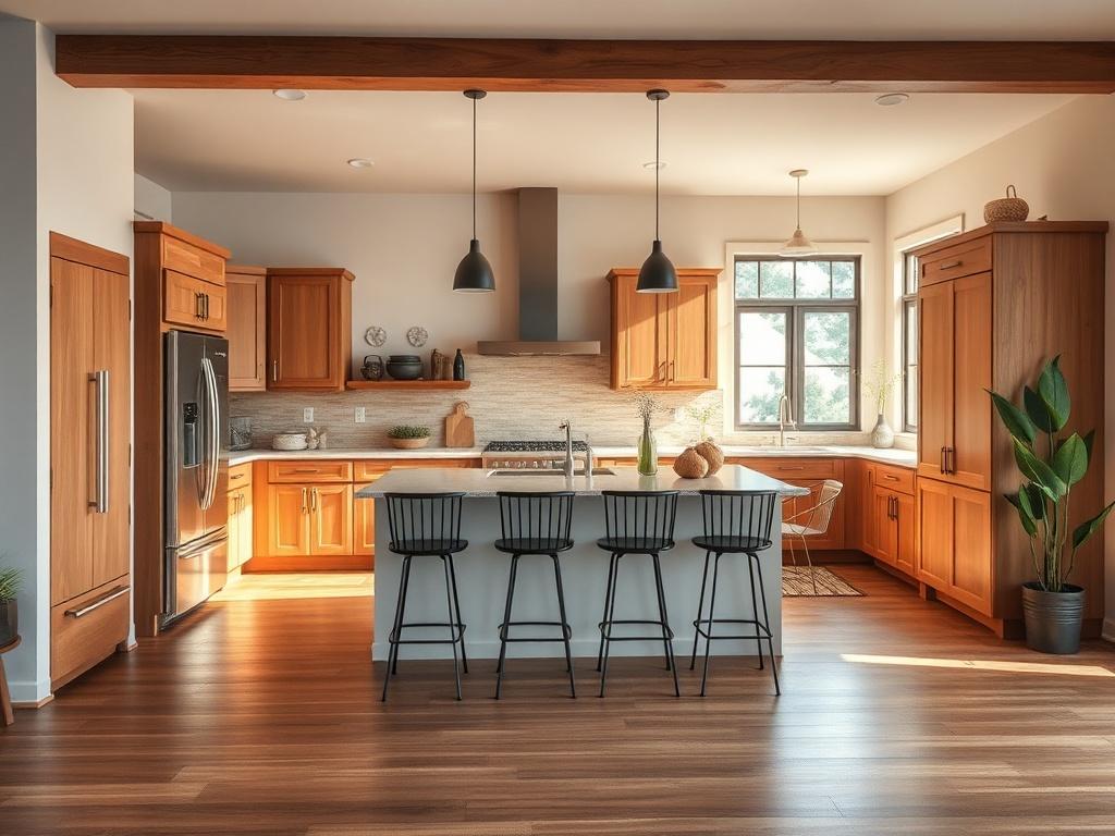 A beautifully renovated kitchen From Firelands Construction  featuring a modern design with rustic elements. The kitchen should have an open layout with a large island in the center, equipped with stylish bar stools. Showcase warm wooden cabinetry, stainless steel appliances, and a backsplash with earthy tones. Natural light floods the space through a window, emphasizing the inviting atmosphere. The floor should feature polished wood, and decorative plants should add a touch of greenery. Firelands