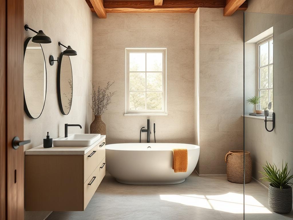 A realistic high-resolution photo of a recently renovated bathroom with modern fixtures and an inviting atmosphere. The focus should be on the elegant design and functional layout, with natural light streaming in to highlight earthy tones and rustic textures. The background should feature subtle elements of a welcoming home environment, emphasizing the quality of the renovation.