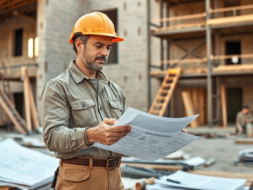 A skilled contractor reviewing blueprints on a construction site, surrounded by various construction materials. The background features a partially constructed building with scaffolding, showcasing an organized work environment. Natural lighting enhances the scene, highlighting the contractor's focused expression, conveying professionalism and expertise.