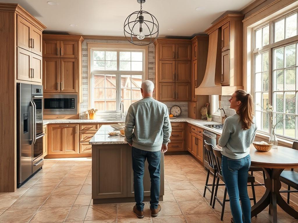 A beautifully renovated kitchen featuring modern appliances, elegant cabinetry, and a spacious island. Natural light floods the room through large windows, highlighting the intricate tile work and stylish decor. A homeowner admires the finished space, showcasing satisfaction and joy in their newly transformed kitchen.