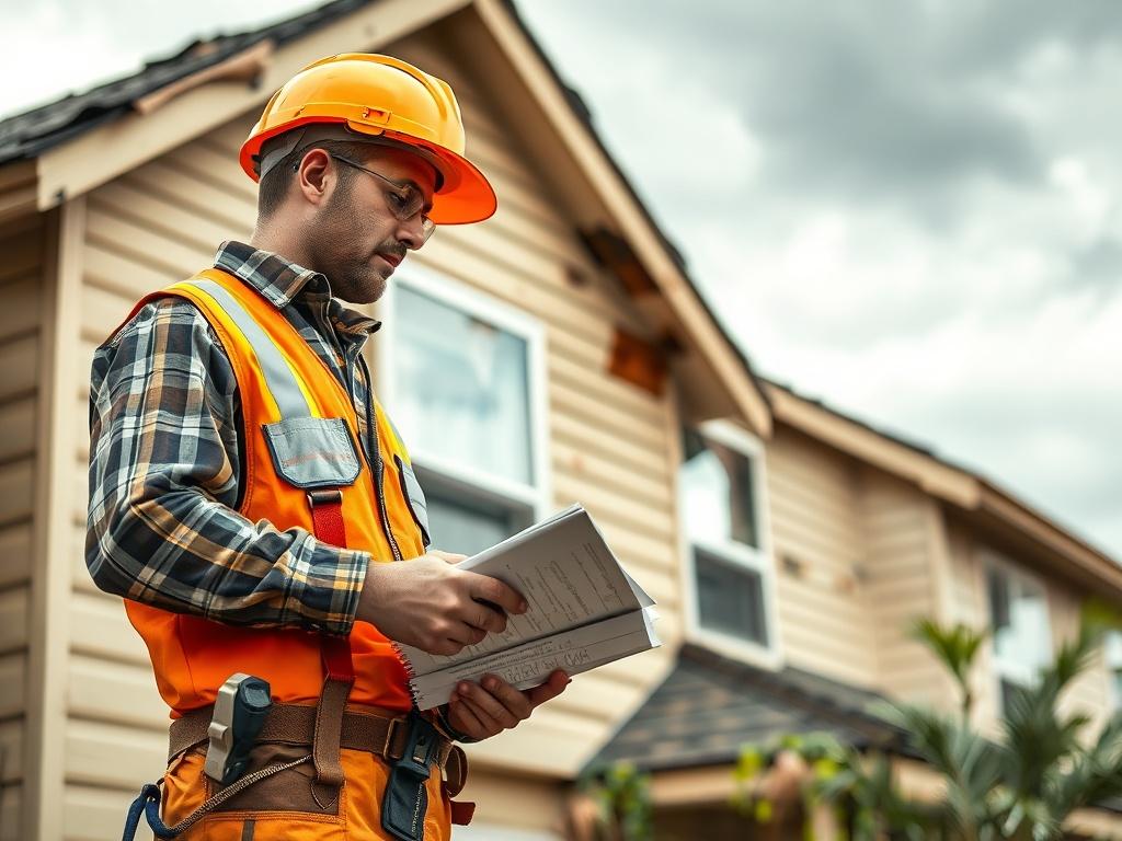 A construction worker inspecting storm damage on a house, with visible roof and siding issues. The background shows a cloudy sky hinting at recent storms, while the worker, equipped with safety gear, takes diligent notes. The image captures the urgency and determination in the face of nature’s challenges.