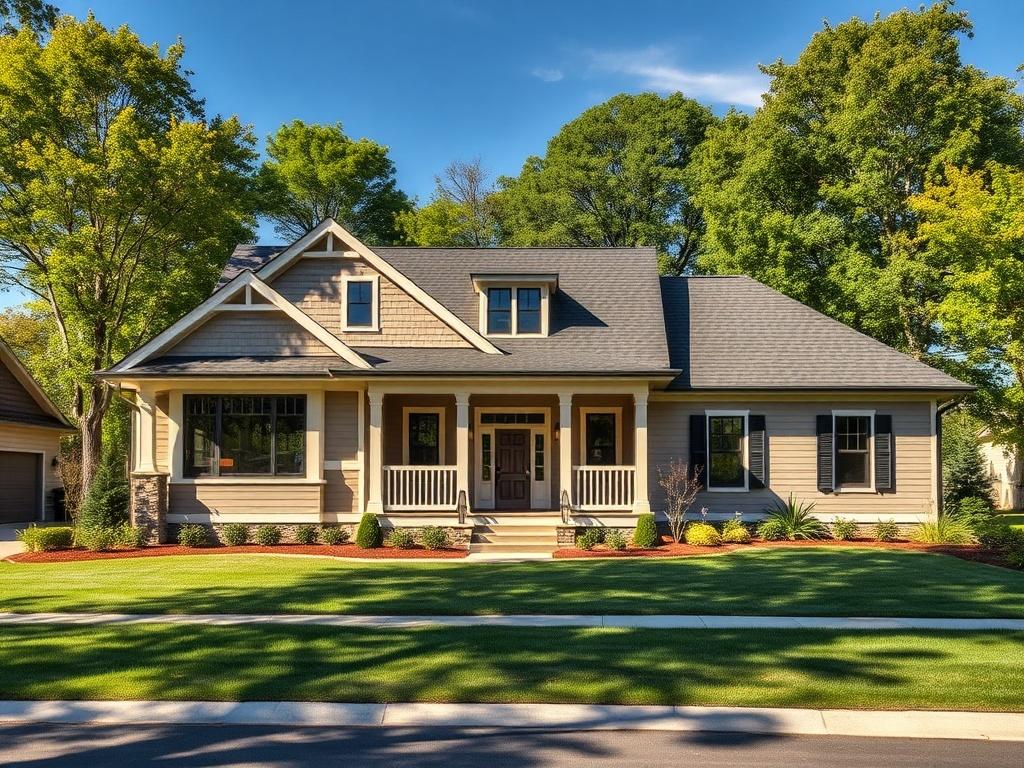 A beautiful custom-built home by firelands construction in Delaware county set in a serene suburban neighborhood. The house features a blend of modern and traditional architecture with a welcoming front porch, large windows, and a well-manicured lawn. In the background, there are lush green trees and a clear blue sky, creating a peaceful atmosphere. The image should evoke a sense of warmth and comfort, showcasing the craftsmanship and attention to detail that Firelands Construction brings to every project.