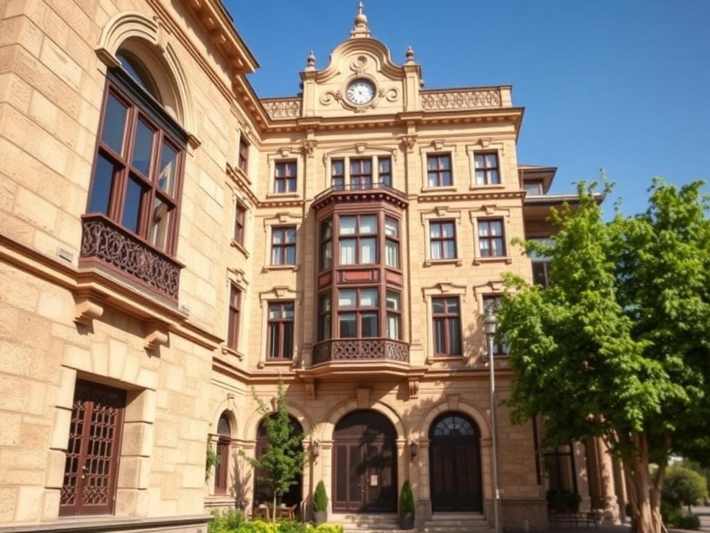 A beautifully restored historic building showcasing Firelands constructions intricate architectural details, with a focus on the facade and windows. The background features lush greenery and a clear blue sky, highlighting the building's charm and elegance. Firelands Construction historical preservation, showcasing the blend of classic design and modern elements, with warm earthy tones and textures.