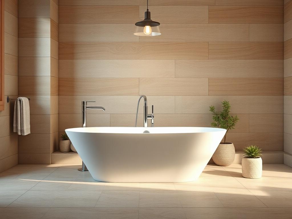 Create a realistic high-resolution photo that embodies the theme of bathroom renovations under the title "Transforming Spaces: The Art of Bathroom Renovations." The composition should focus solely on a beautifully renovated bathroom featuring contemporary design elements. The main subject should be a stunning freestanding bathtub with sleek lines and a graceful silhouette, positioned in the center of the image. Surround the bathtub with elegant fixtures, such as a modern chrome faucet, stylish towel racks, 