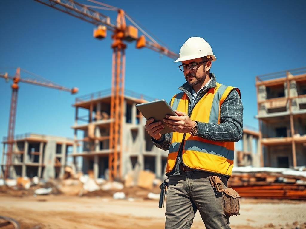 Create a realistic high-resolution image featuring a construction site featuring a modern construction worker using a sleek AI-driven tablet or device to manage project tasks. The worker should be dressed in a safety helmet, reflective vest, and work boots, showcasing a focused expression as they interact with the device. The background should include partially constructed buildings and scaffolding, with a clear blue sky overhead, symbolizing progress and innovation in the construction industry. The composi