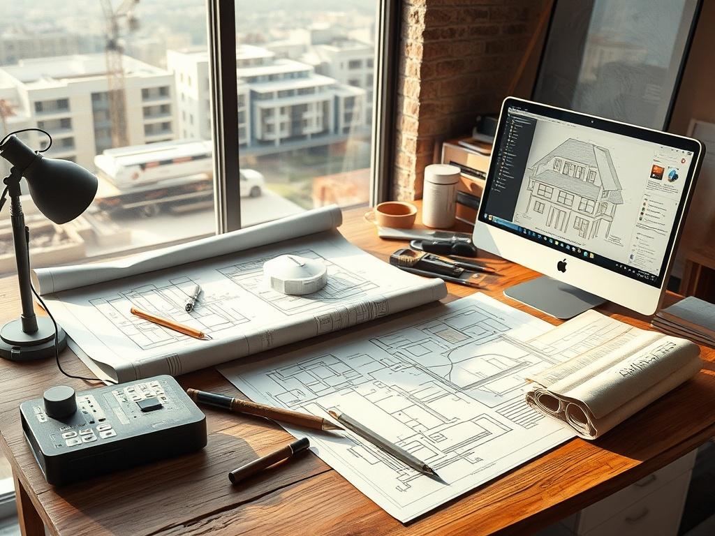 A realistic high-resolution photo of  a Firelands Construction desk with blueprints and 3D renderings of a Firelands construction project. The desk is cluttered with drafting tools, a computer displaying architectural software, and a natural light source illuminating the workspace. The background features a soft-focus view of a Firelands construction site, hinting at the transformation ahead. Firelands Construction Ohios Most trusted Contractor www.firelandsconstruction.com