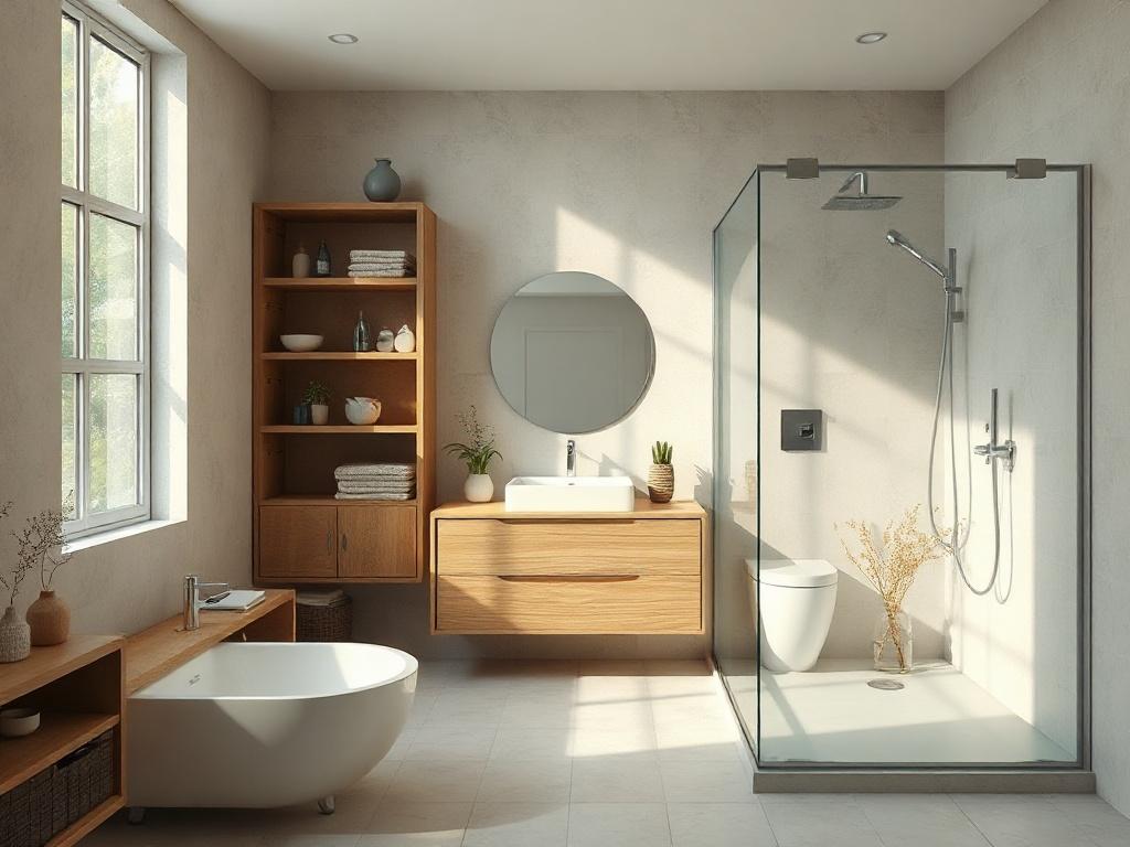 **Prompt for AI Image Generation:**

Create a realistic high-resolution photo that captures the essence of transforming a small bathroom into a functional oasis, aligning with the blog title "Maximize Your Bathroom Space: Smart Renovation Tips." 

**Composition:**  
- Focus on a single subject: a beautifully organized small bathroom that showcases smart renovation ideas. 
- The image should be taken from a slightly elevated angle, giving a clear view of the entire bathroom layout, emphasizing space efficien