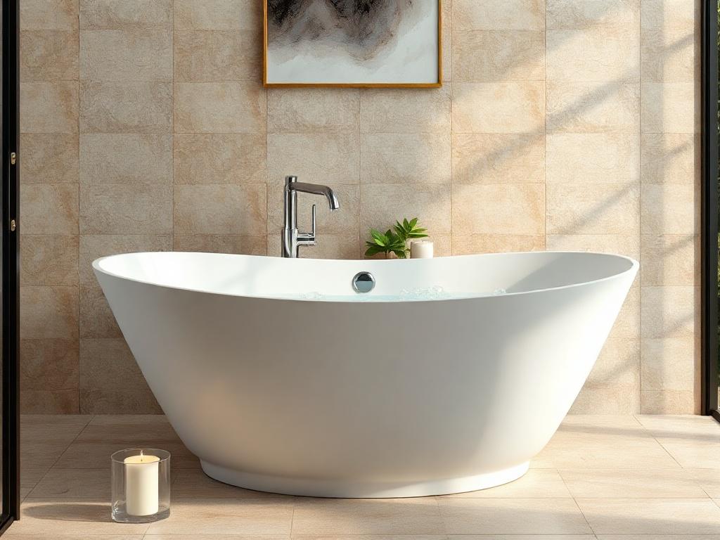 **Prompt for AI Image Generation:**

Create a realistic high-resolution photo that captures the essence of a modern bathroom renovation. The image should feature a beautifully designed bathroom as the sole subject, showcasing current renovation trends. 

**Composition:**  
The composition should be simple and clear, focusing on one standout feature of the bathroom: an elegant freestanding bathtub. The bathtub should be centered in the image, drawing the viewer’s attention immediately. 

**Subject Matter:** 