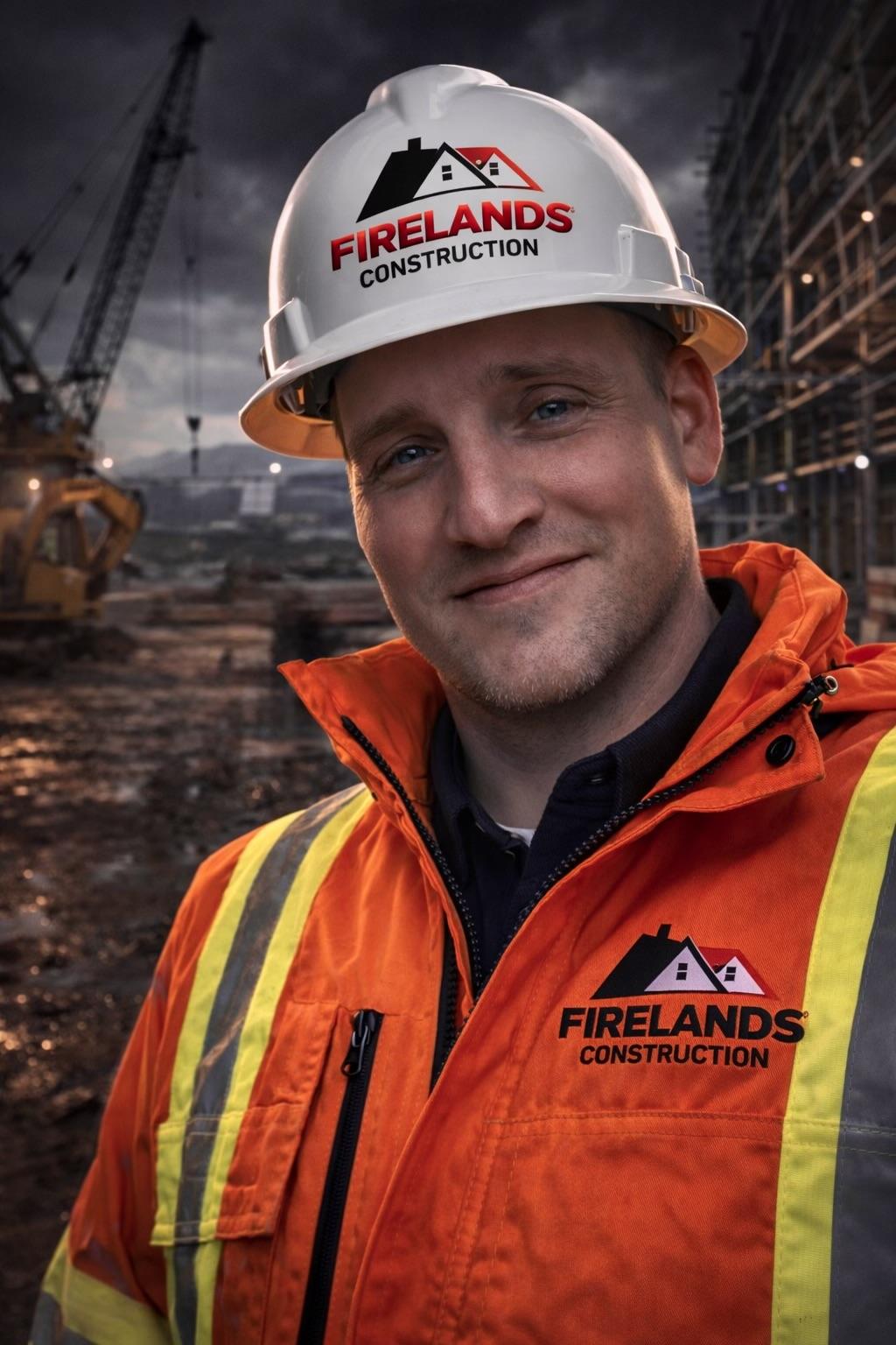 “Firelands Construction project manager on commercial construction site in Ohio wearing safety gear and company branded jacket”