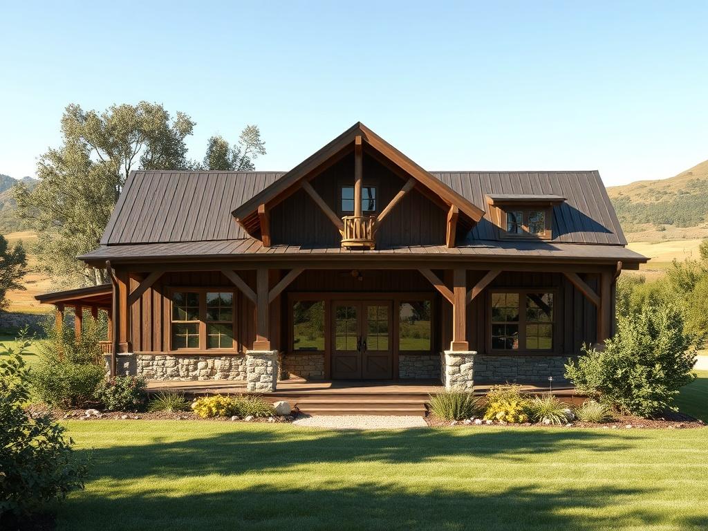 A beautifully designed barndominium surrounded by lush greenery, showcasing a rustic exterior with wooden accents and large windows. The background features a clear blue sky and gentle rolling hills, creating a serene atmosphere. The image should focus on the barndominium as the main subject, highlighting its inviting entrance and spacious porch, with natural sunlight illuminating the structure.