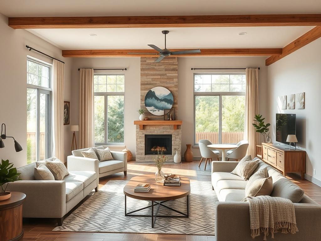 Firelands Construction showcasing a beautifully renovated multi-family living space. The room features natural tones with warm, earthy textures including wood accents and modern furnishings. Large windows allow natural light to flood the area, highlighting the open floor plan. The background includes hints of greenery visible outside, giving a sense of community and comfort.