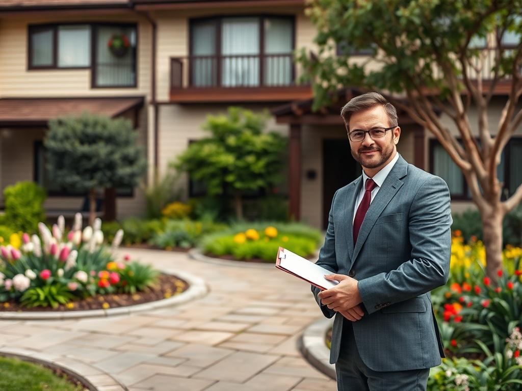 Firelands Construction professional property manager standing confidently in front of a well-maintained residential building in Cental ohio wearing a suit and holding a clipboard. The background features a beautifully landscaped garden, showcasing vibrant greenery and flowers. The image should convey a sense of trust and professionalism, with natural tones and earthy textures that complement the serene atmosphere.
