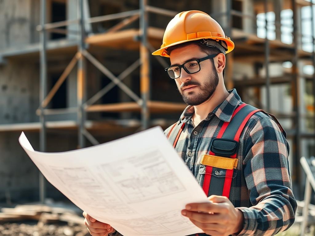 A skilled contractor inspecting blueprints on a construction site, wearing a hard hat and safety gear. The background features a partially constructed building with scaffolding and tools visible. Natural light illuminates the scene, highlighting the contractor's focused expression and the details of the blueprints. The overall color palette consists of earthy tones, with a rustic aesthetic capturing the essence of reliable construction work.