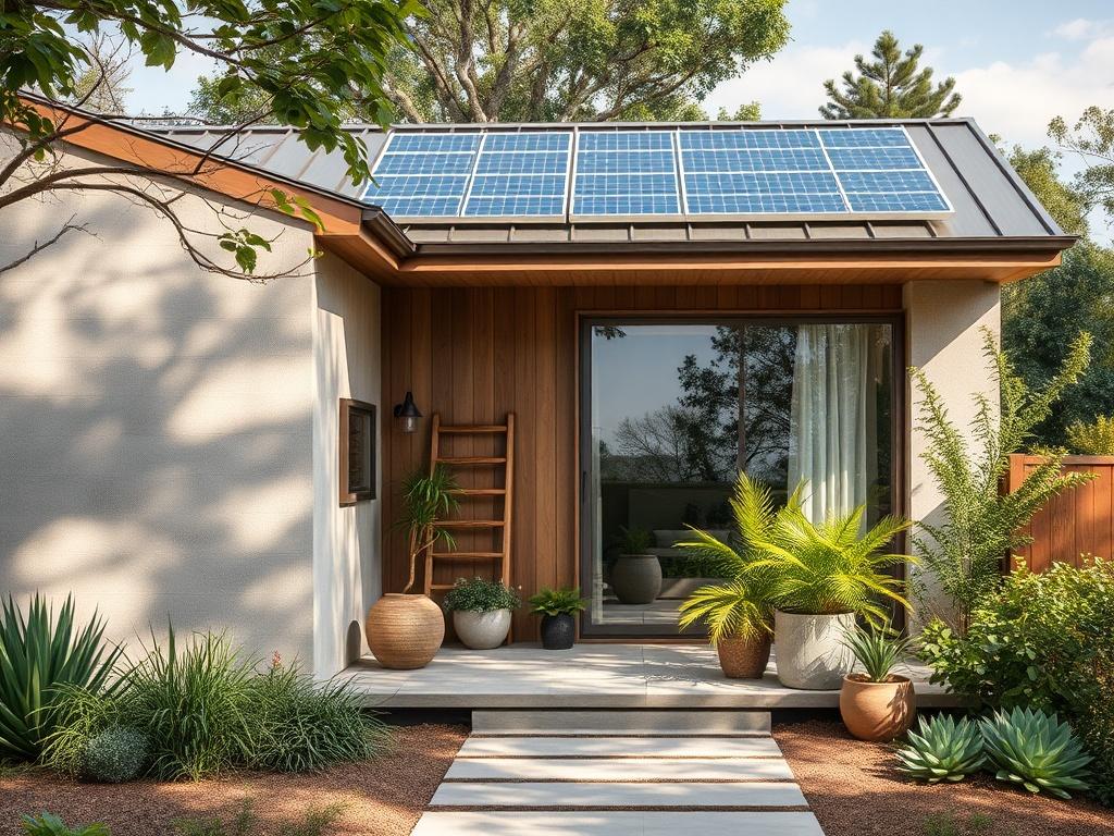 A serene, modern home exterior showcasing eco-friendly materials and greenery, with solar panels on the roof and large windows letting in natural light. The setting conveys harmony with nature, emphasizing sustainability and efficiency.