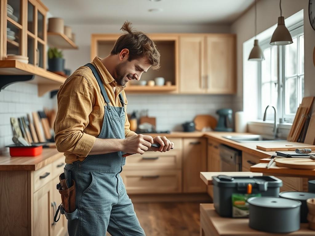 A skilled craftsman performing a detailed renovation in a modern kitchen, showcasing beautiful cabinetry, sleek countertops, and natural lighting. The background features tools and materials organized neatly, emphasizing a professional and clean workspace.