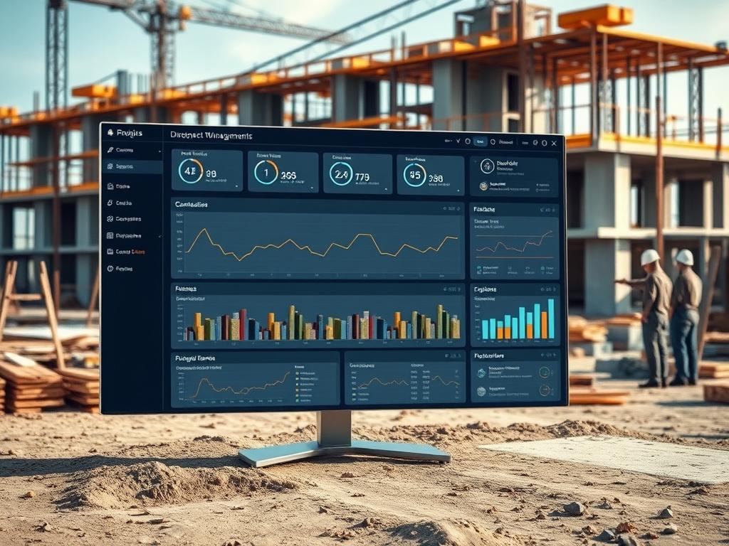 A digital dashboard displaying project management analytics and timelines, with a construction site in the background. The scene highlights advanced technology and collaboration among team members, showcasing a modern approach to construction management.