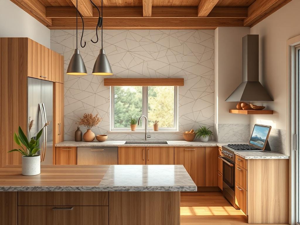 Create a realistic high-resolution photo that captures the essence of a blog post titled "Latest Remodeling and AI Innovations". The composition should be simple and clear, focusing on a single subject: a modern kitchen renovation scene. The kitchen should feature sustainable materials, such as bamboo cabinetry, granite countertops, and energy-efficient appliances, showcasing the latest trends in remodeling. In the background, incorporate subtle hints of AI technology, such as a sleek tablet or display scre